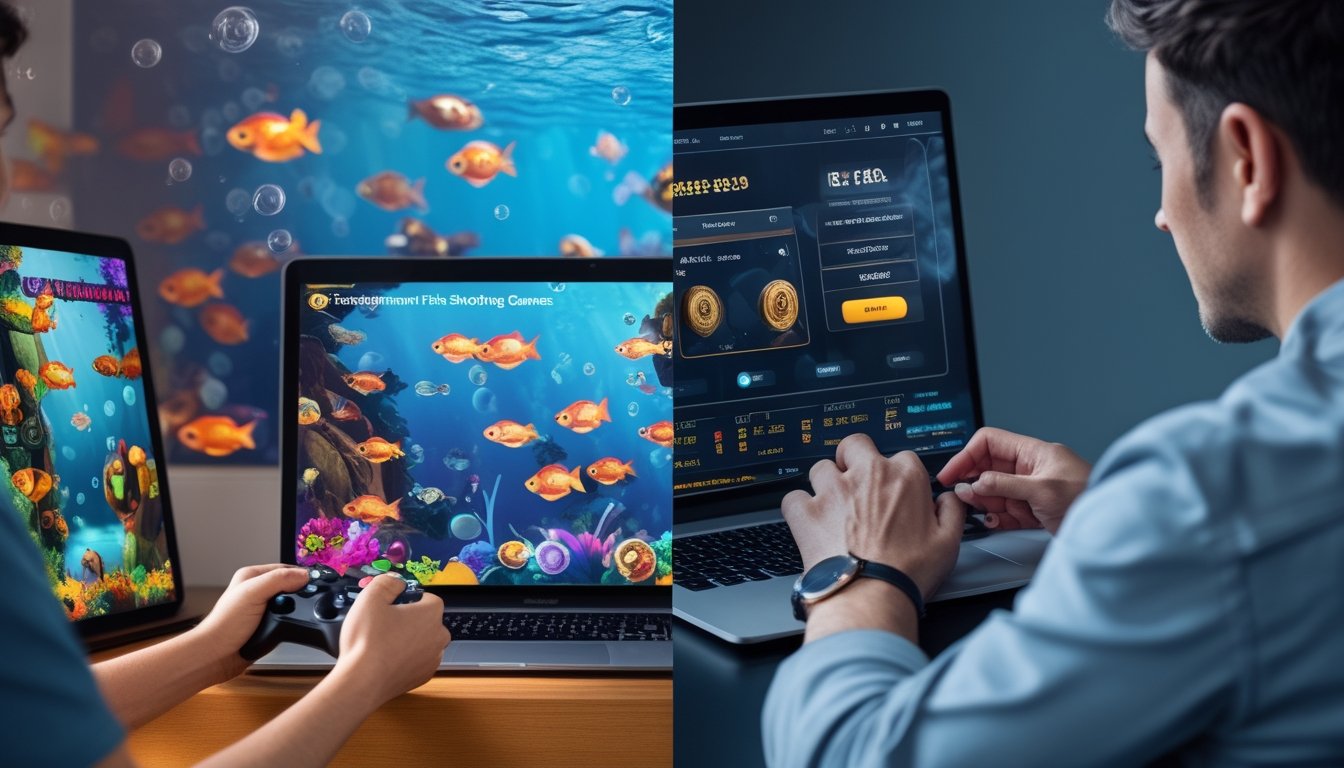 Gambar yang menunjukkan perbedaan antara permainan tembak ikan hiburan dengan suasana santai dan platform judi online dengan suasana serius dan perangkat digital.