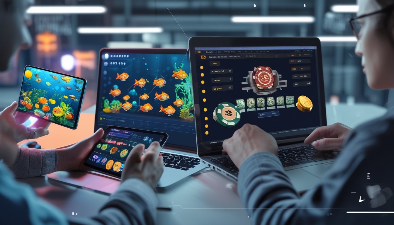 Seorang pengguna bermain game tembak ikan di satu sisi dan melihat platform judi online di sisi lain di sebuah ruang kerja modern.