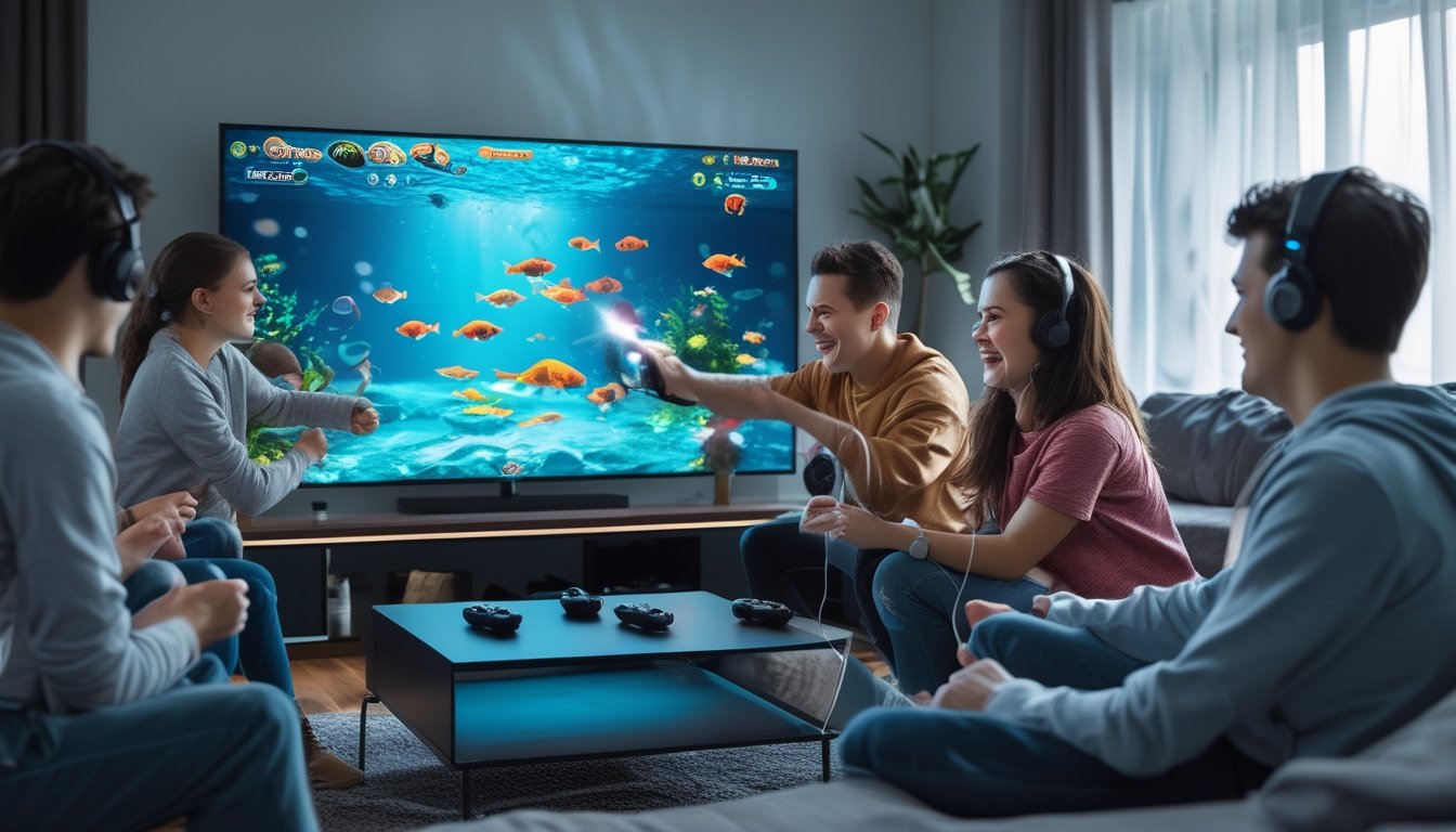 Sekelompok orang sedang bermain game tembak ikan online di ruang tamu dengan ekspresi fokus dan senang, layar menampilkan ikan warna-warni dan efek tembakan.