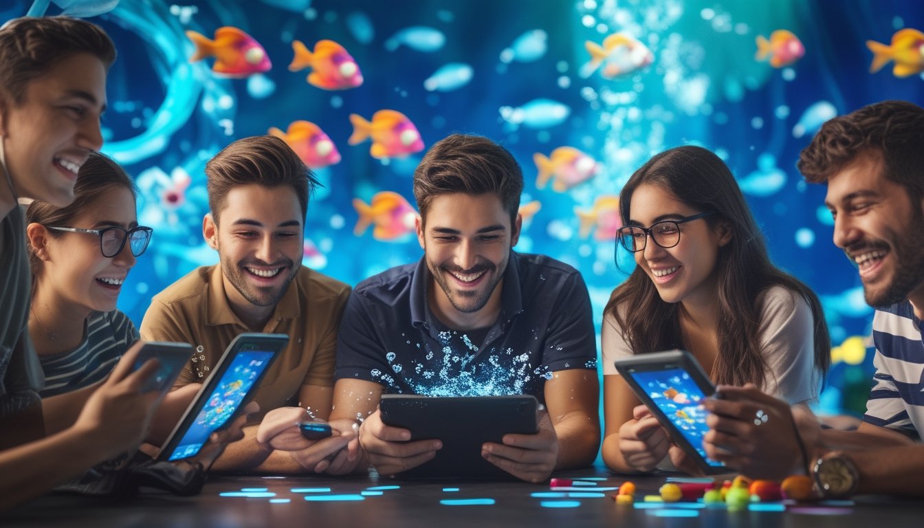 Sekelompok orang muda sedang asyik bermain game tembak ikan online dengan latar belakang animasi ikan berwarna-warni dan efek air.