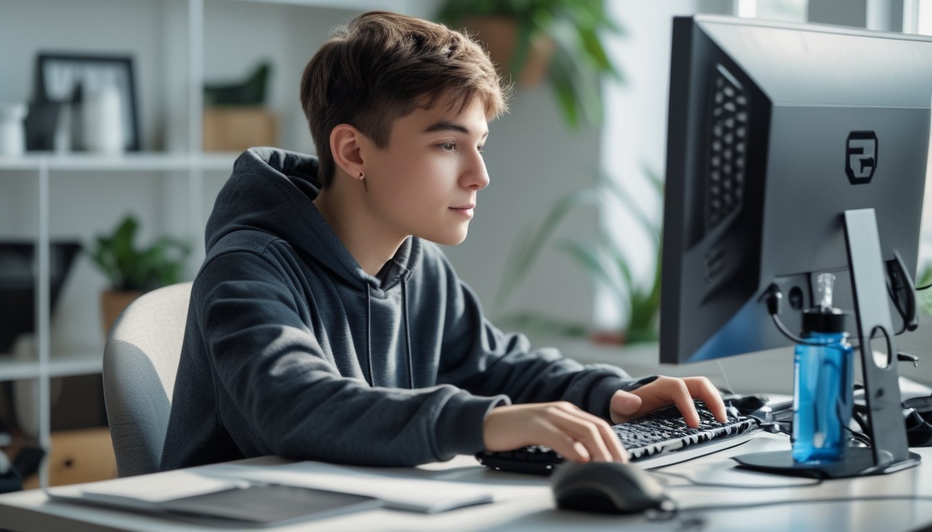 Seorang dewasa muda duduk di meja dengan komputer dan aksesori game, bermain game online dengan santai dan bertanggung jawab di ruangan yang rapi dan terang.