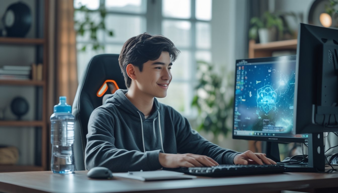 Seorang dewasa muda sedang bermain game online dengan santai di meja kerja yang rapi dan terang.