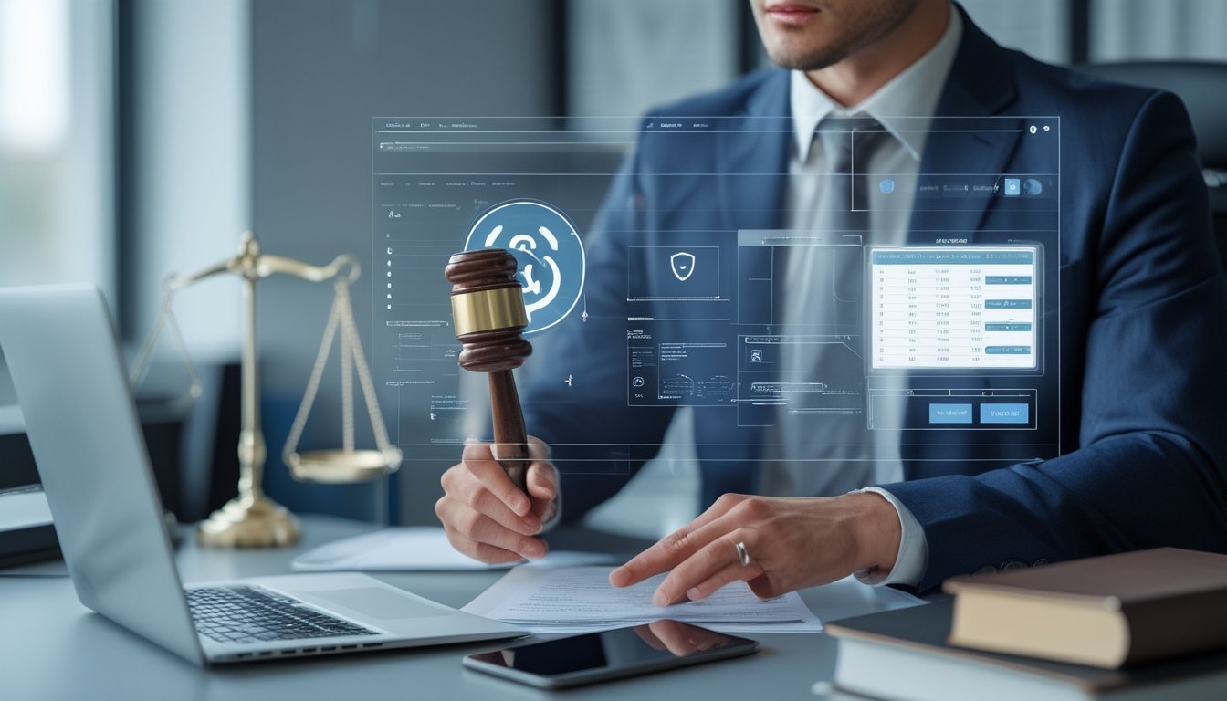 Seorang profesional sedang memeriksa dokumen dan data digital di kantor modern dengan simbol hukum dan keamanan di latar belakang.