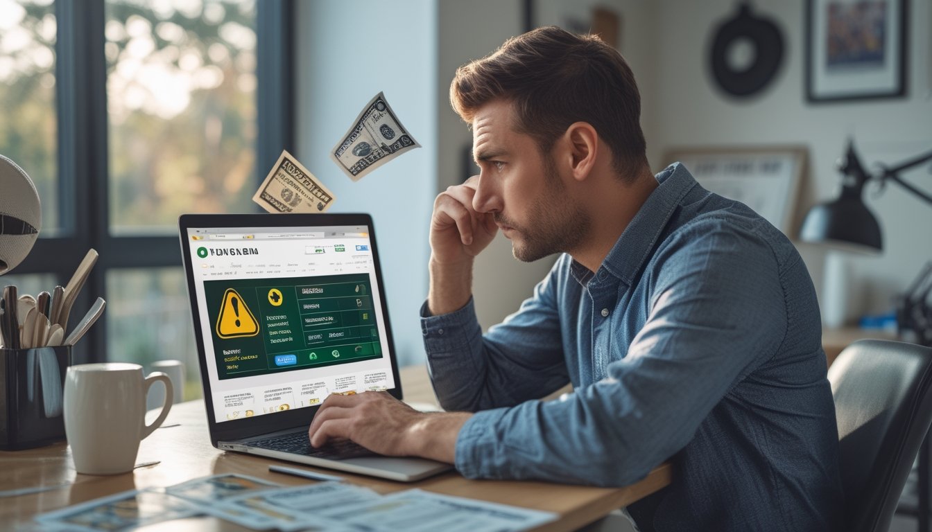 Seorang pria duduk di depan laptop di ruang kerja rumah, terlihat berpikir sambil melihat situs taruhan olahraga online dengan tanda-tanda mencurigakan.