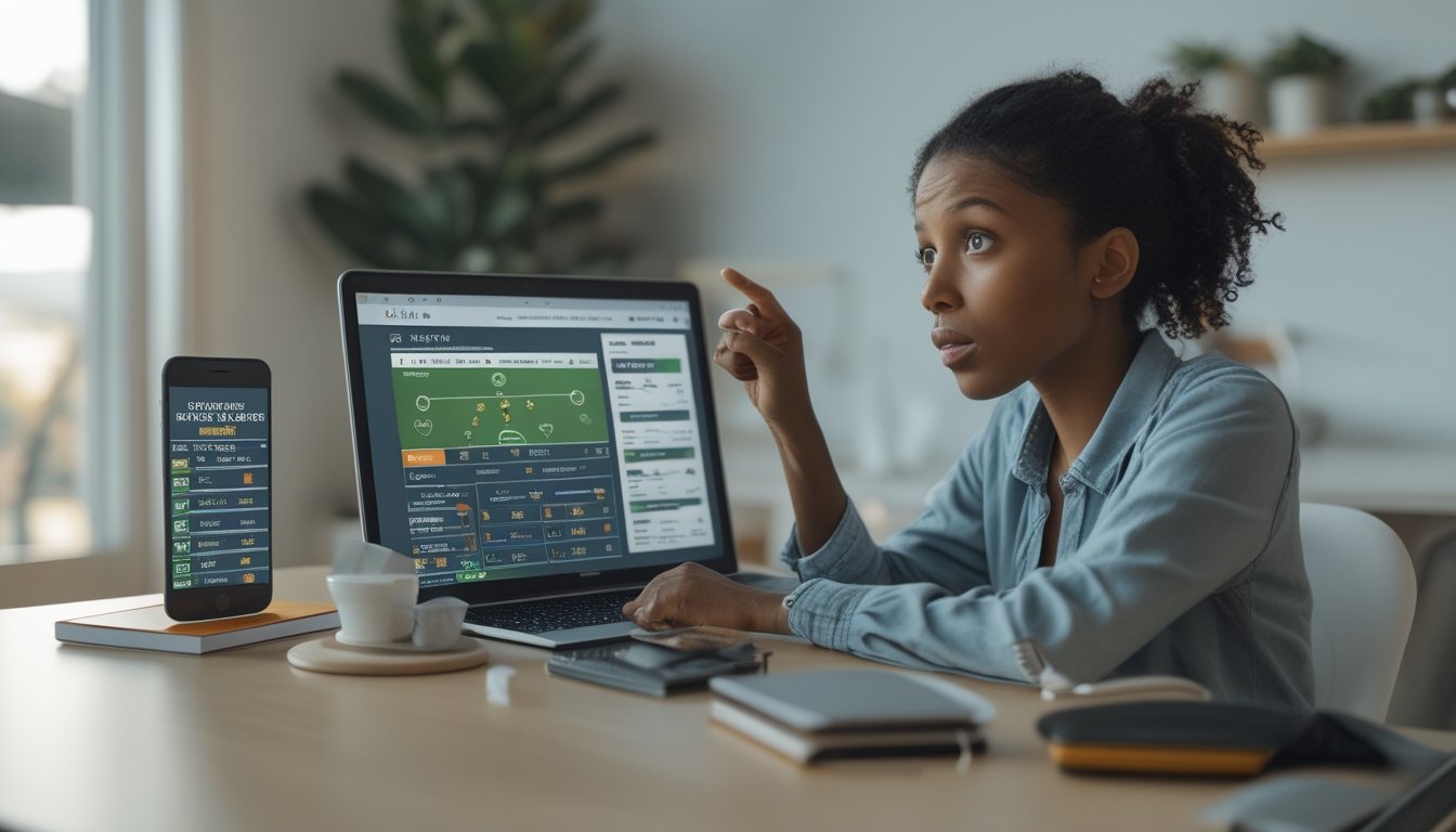 Seseorang duduk di depan laptop dengan ekspresi ragu sambil melihat situs taruhan olahraga online di ruang kerja rumah.