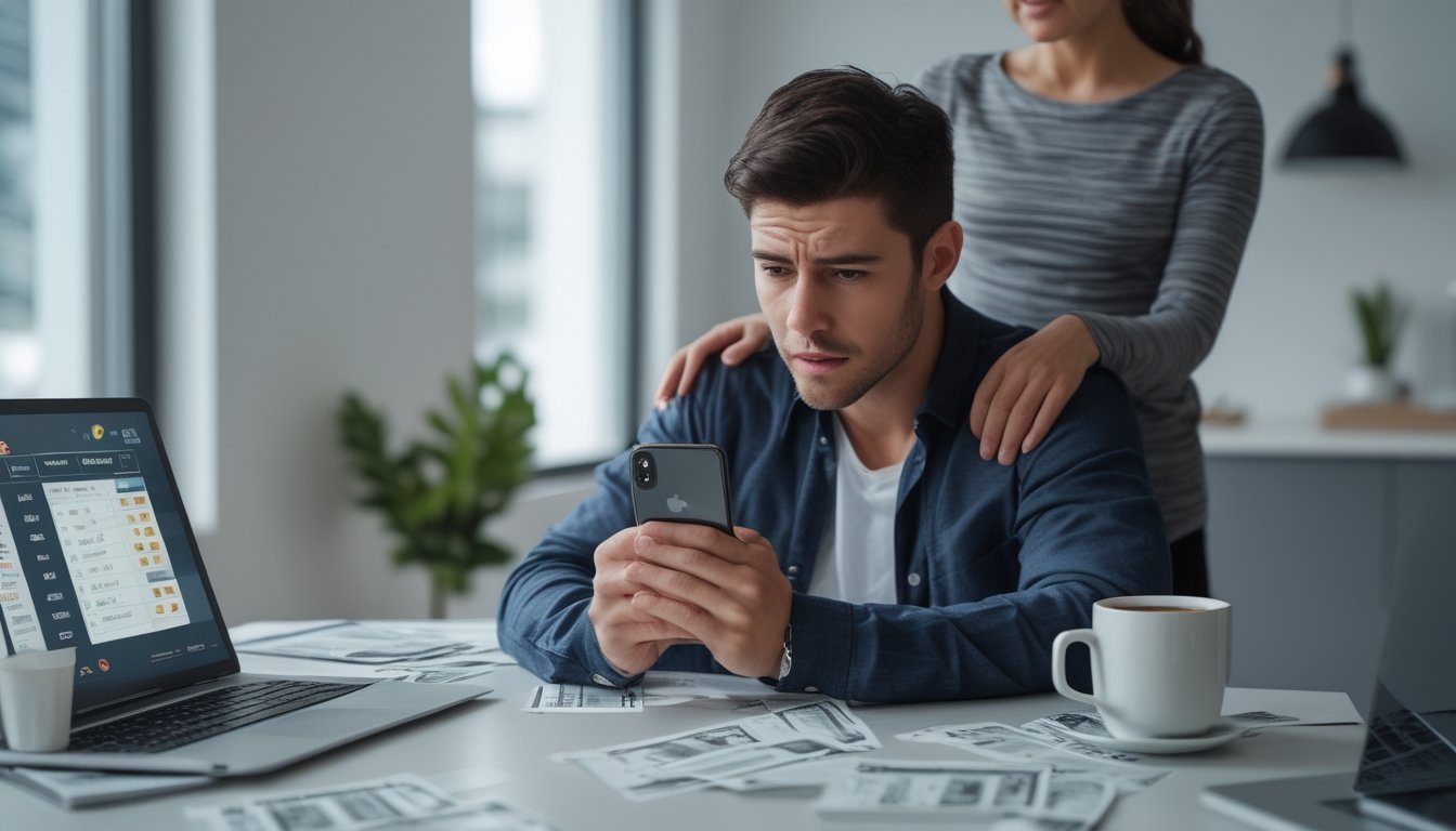 Seorang pria muda duduk di meja dengan ekspresi cemas memegang ponsel yang menampilkan aplikasi taruhan olahraga, dengan seorang teman yang memberi dukungan di belakangnya.