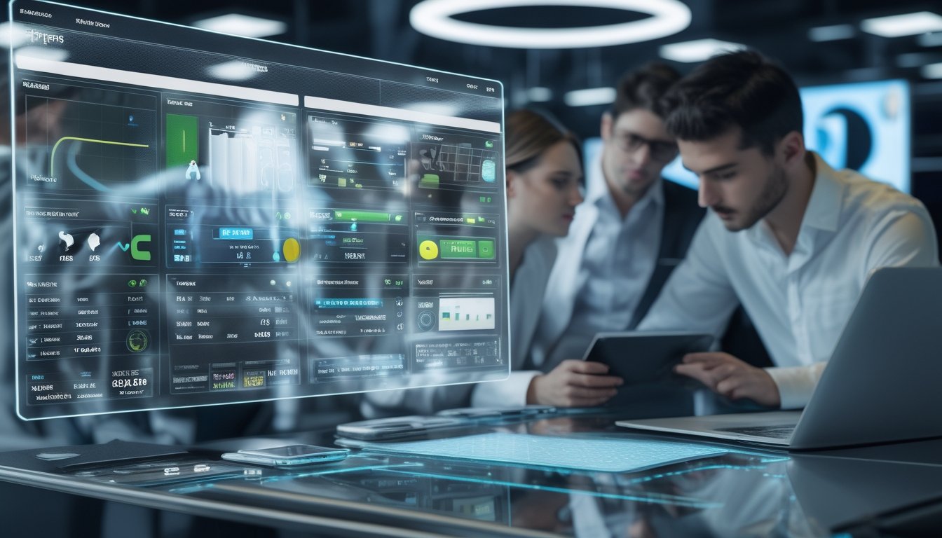 Antarmuka digital modern dengan layar holografik menampilkan berbagai pertandingan olahraga dan statistik taruhan, dengan beberapa orang menggunakan perangkat elektronik di kantor.