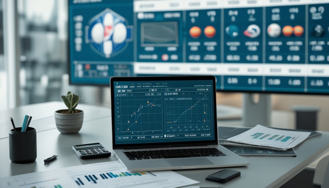 Meja kantor dengan laptop yang menampilkan statistik taruhan olahraga, kalkulator, dan grafik, menunjukkan analisis data taruhan olahraga.