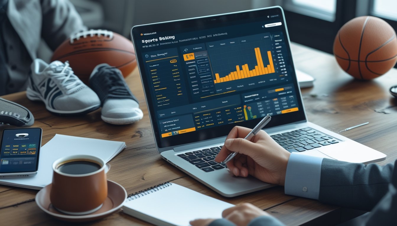 Seorang pria sedang menganalisis data taruhan olahraga di depan laptop dengan bola dan sepatu olahraga di meja.