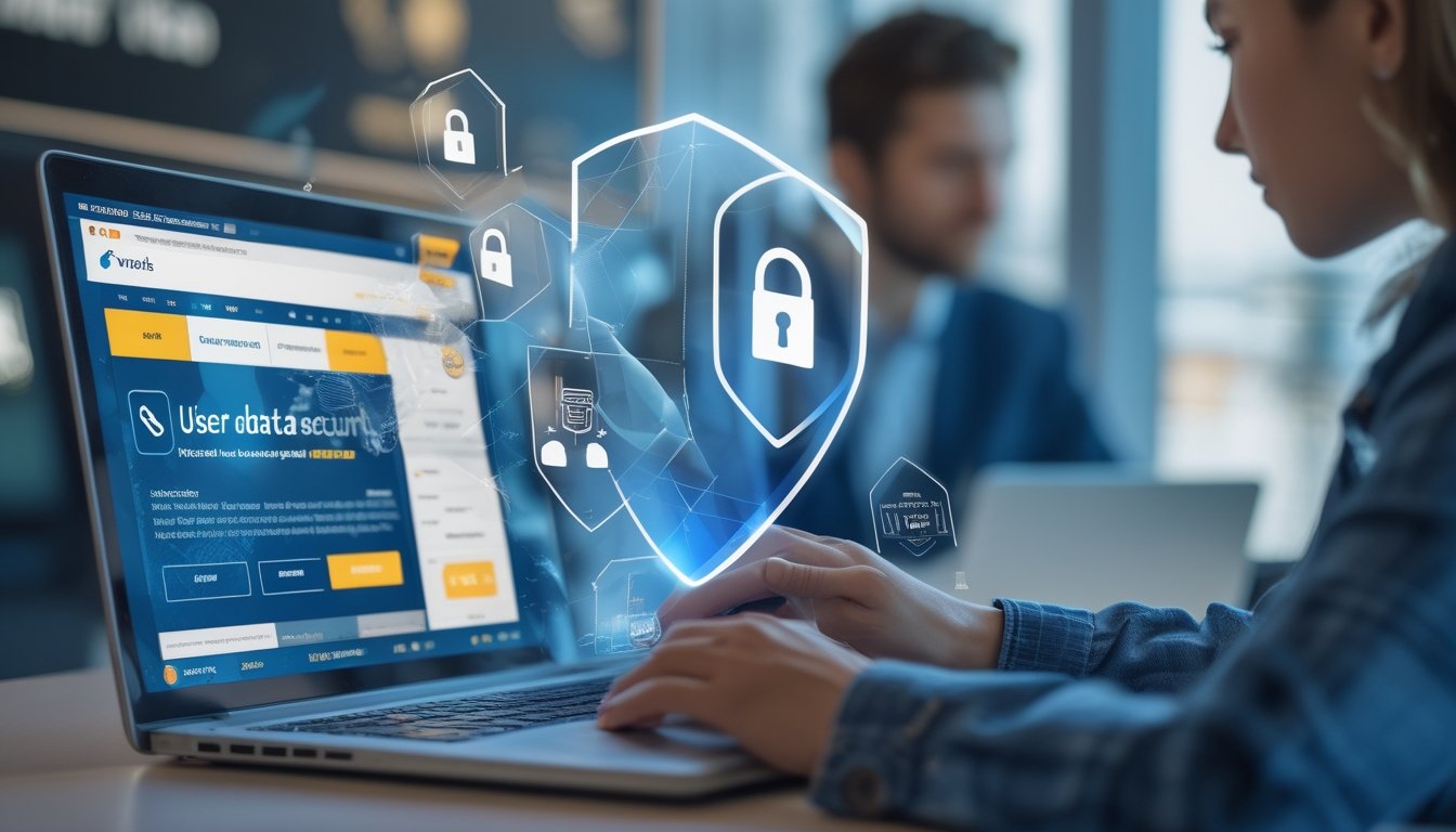 Seseorang menggunakan laptop dengan ikon keamanan data di layar dalam suasana kerja modern yang berkaitan dengan taruhan olahraga online.
