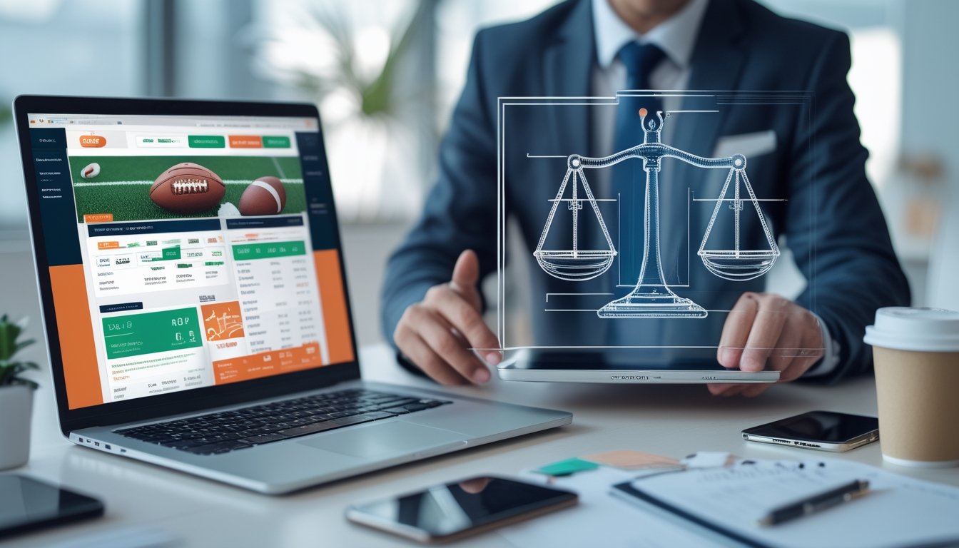 Seorang profesional sedang menganalisis data taruhan olahraga online di laptop dan tablet dengan simbol regulasi di latar belakang.