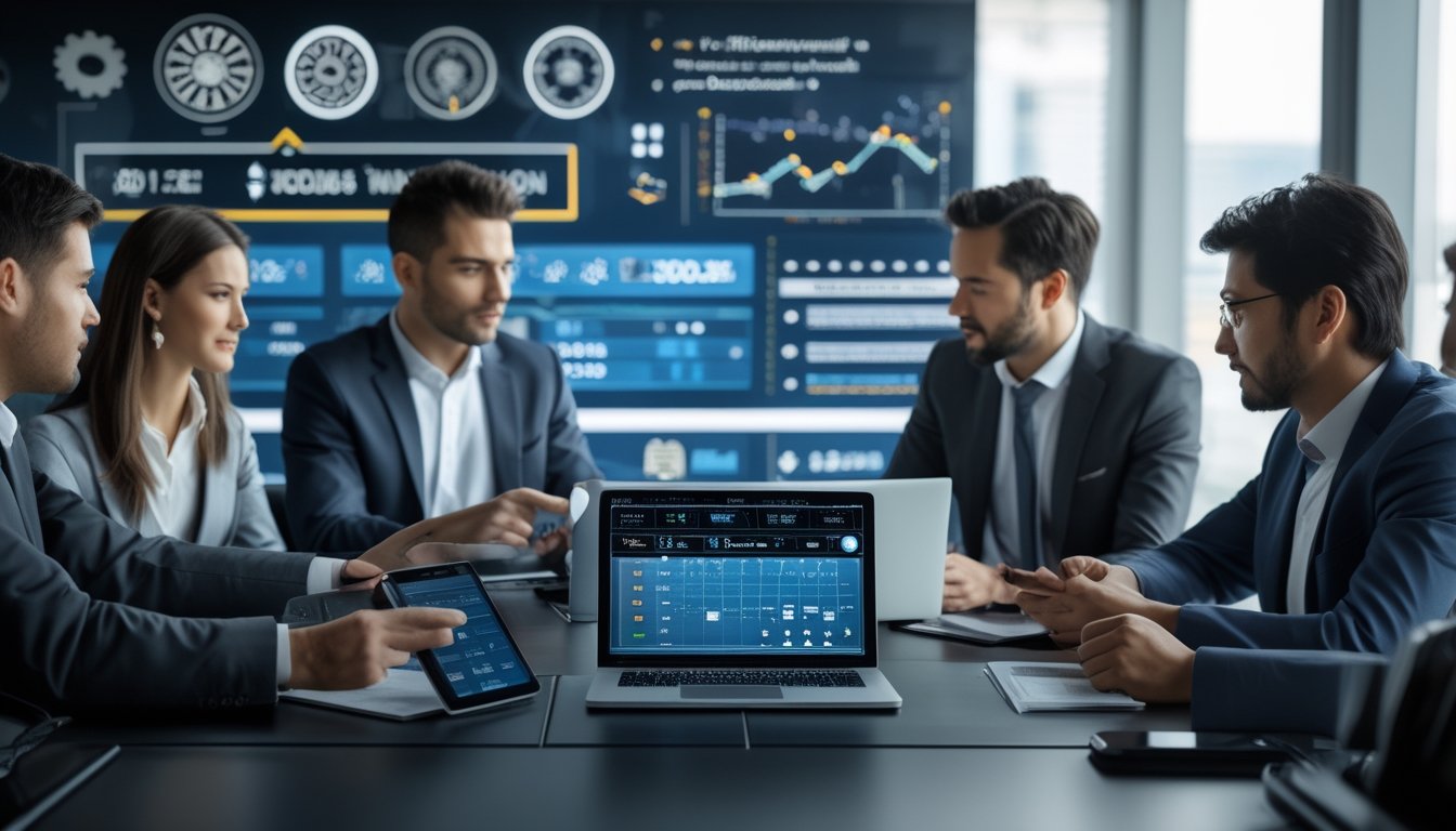 Sekelompok profesional sedang berdiskusi di ruang konferensi dengan perangkat digital yang menampilkan data taruhan olahraga.