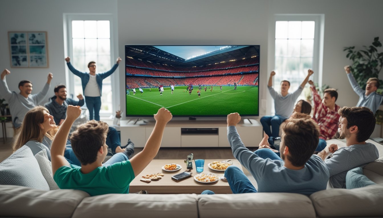 Sekelompok penggemar sepak bola menonton pertandingan langsung di ruang tamu dengan layar TV besar.