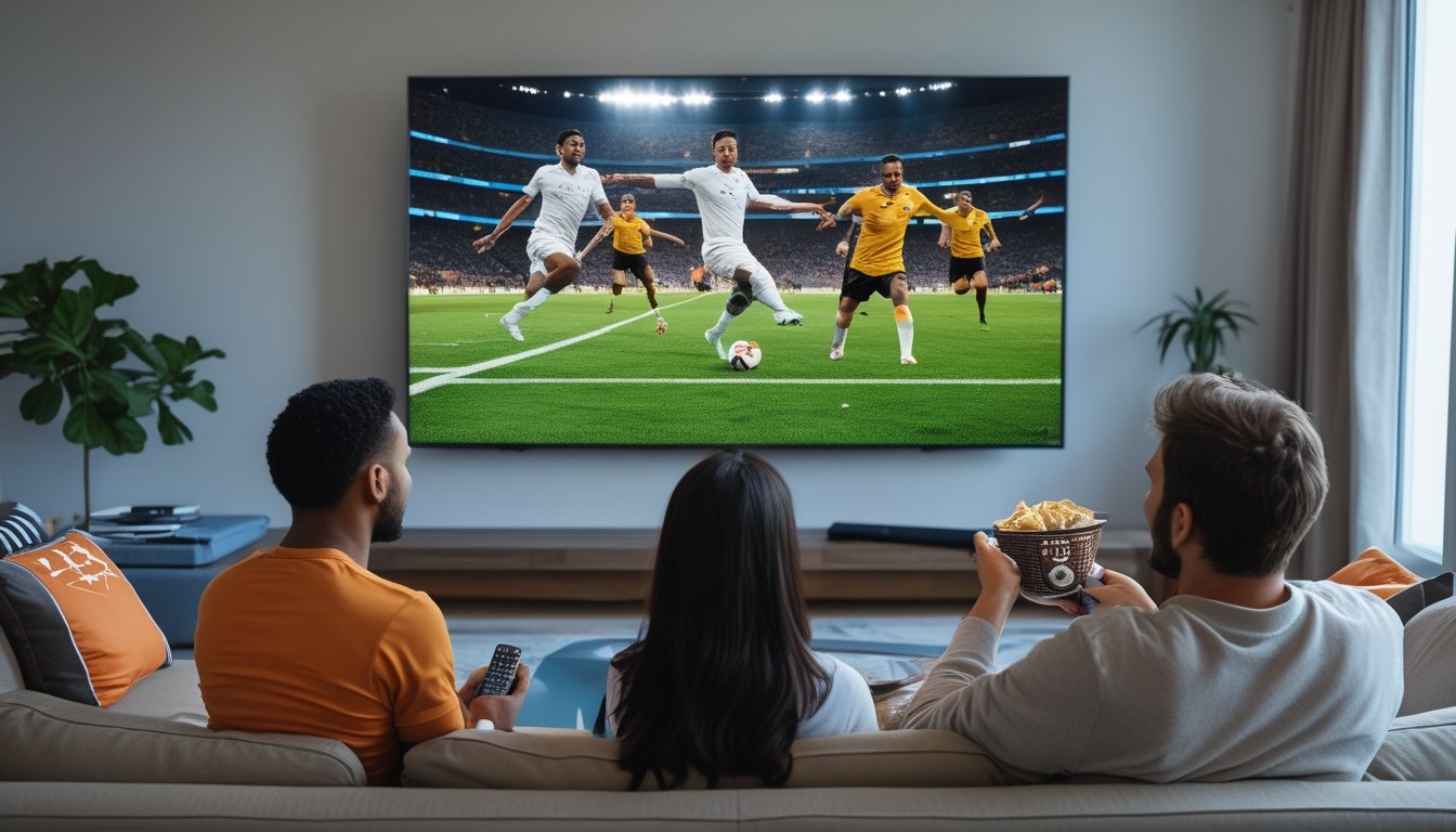 Tiga orang menonton pertandingan sepak bola secara langsung di televisi di ruang tamu yang nyaman.