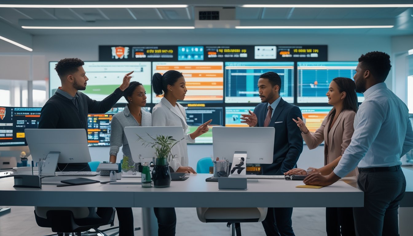 Sekelompok analis sedang bekerja di depan beberapa monitor yang menampilkan data dan statistik pertandingan sepak bola secara langsung di sebuah kantor modern.
