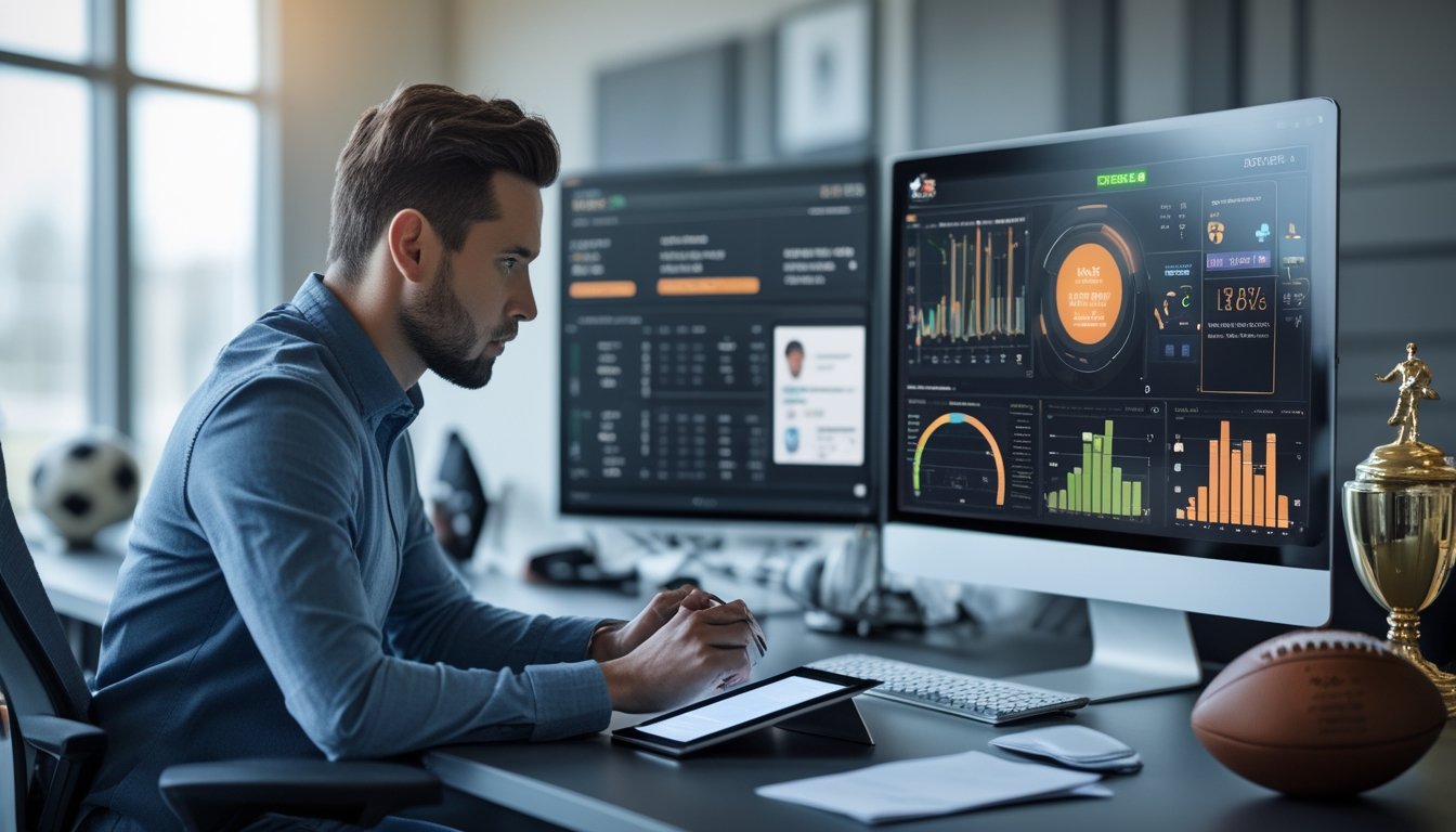 Seorang analis olahraga sedang melihat layar komputer yang menampilkan data statistik sepak bola secara langsung di sebuah ruang kerja modern.
