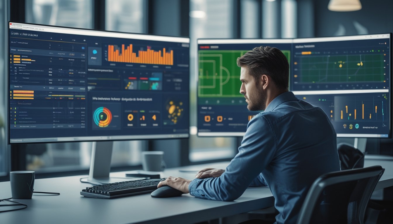 Seorang analis sepak bola sedang melihat beberapa layar komputer yang menampilkan data pra-pertandingan dan statistik pertandingan sepak bola secara langsung.