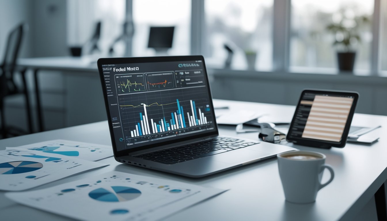 Meja kerja dengan laptop menampilkan grafik dan data sepak bola, tablet dengan tayangan pertandingan sepak bola, dan secangkir kopi di ruangan kantor yang terang.