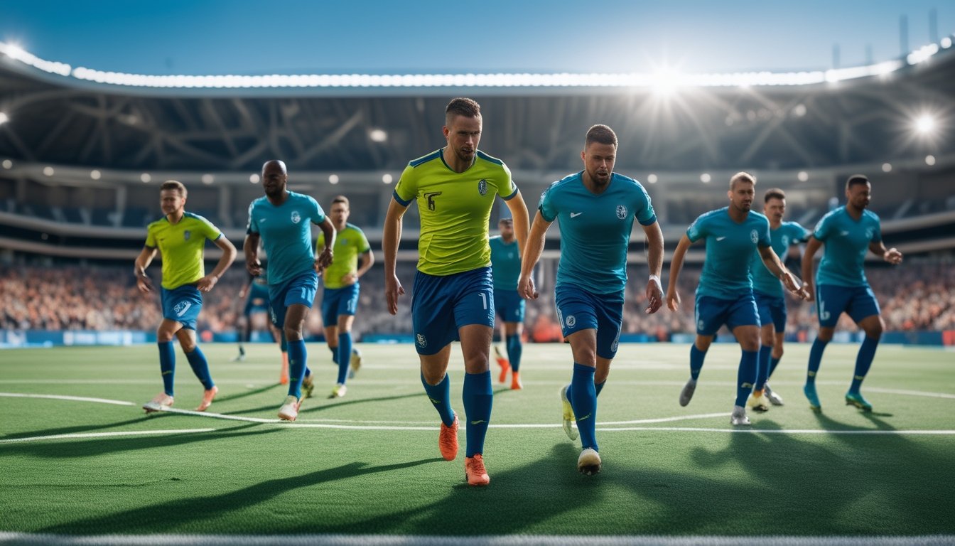 Sekelompok pemain sepak bola sedang bermain di lapangan hijau dengan ekspresi fokus dan tubuh yang bugar.