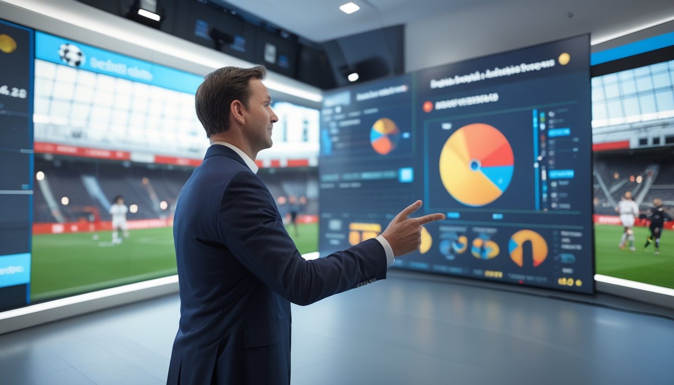 Seorang analis olahraga sedang melihat dan menunjuk layar yang menampilkan data penguasaan bola dalam pertandingan sepak bola.