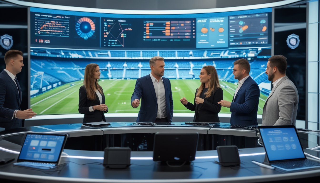 Sejumlah analis sepak bola sedang berdiskusi di studio dengan layar besar menampilkan metrik dan data pertandingan secara langsung.