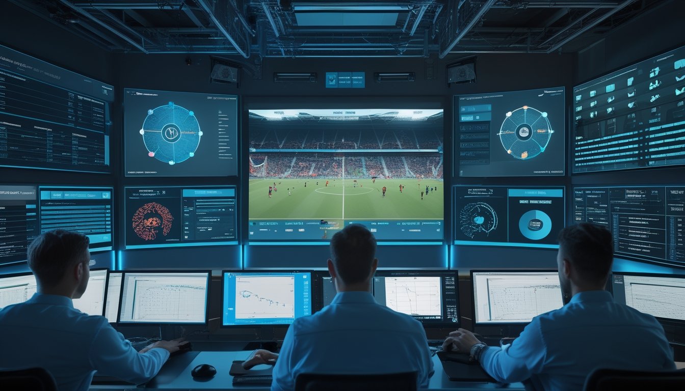 Ruang kontrol modern dengan beberapa layar besar menampilkan data pertandingan sepak bola secara langsung, dengan tim analis yang memantau statistik dan pemain yang sedang bermain di stadion terlihat di latar belakang.