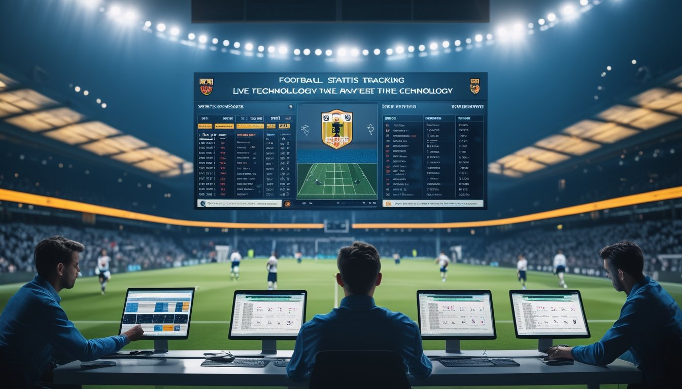 Stadion sepak bola dengan pemain di lapangan dan teknisi yang memantau statistik pertandingan secara langsung menggunakan komputer dan perangkat teknologi.