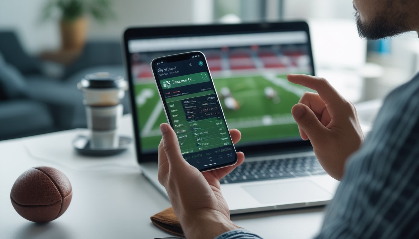 Seseorang sedang melihat skor sepak bola langsung di ponsel di meja kerja dengan laptop menampilkan pertandingan sepak bola.