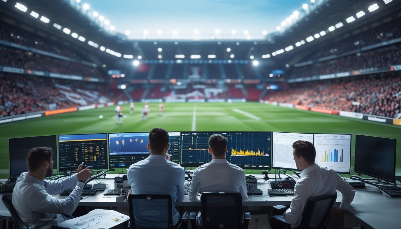 Sejumlah analis sepak bola sedang memantau data pertandingan secara real-time di pusat kendali dengan layar besar, sementara pertandingan berlangsung di stadion di latar belakang.