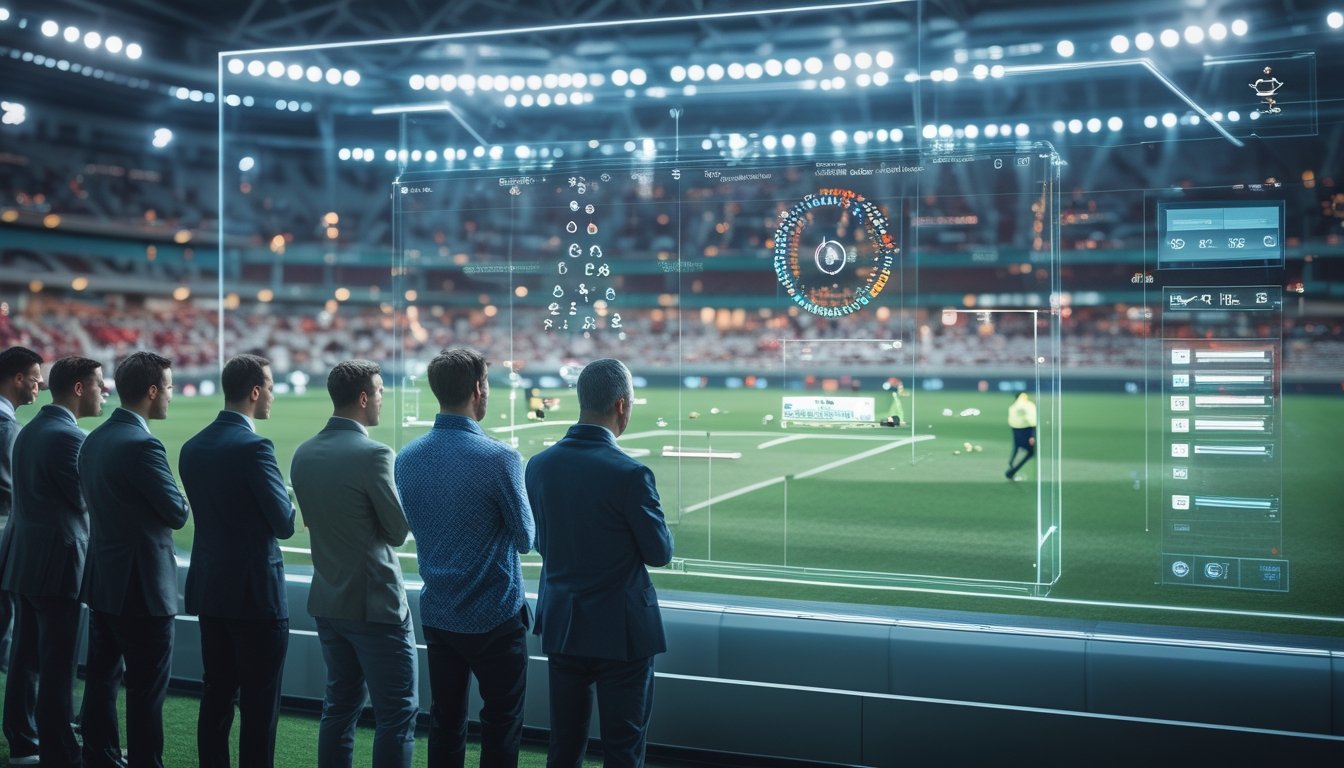 Sekelompok analis dan pelatih sepak bola sedang melihat layar digital besar yang menampilkan data statistik pertandingan secara real-time di stadion sepak bola yang ramai.