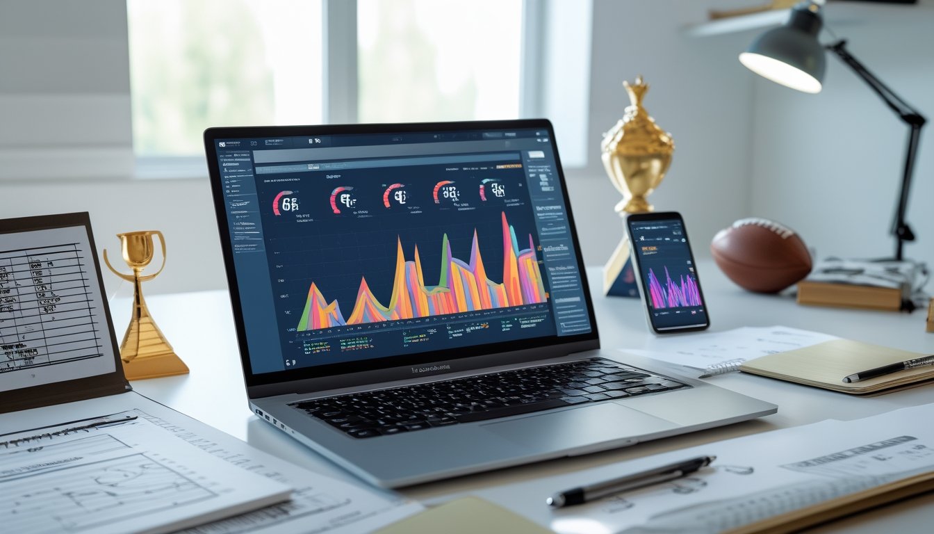 Sebuah meja kerja dengan laptop yang menampilkan data dan statistik sepak bola secara langsung, dikelilingi oleh catatan, grafik, dan ponsel yang menayangkan pertandingan sepak bola.