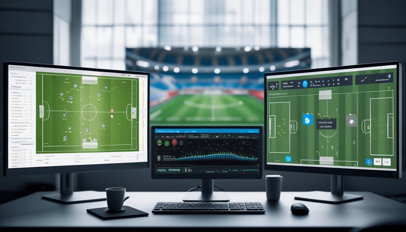 Meja kerja dengan beberapa monitor menampilkan data dan statistik sepak bola secara langsung, dilengkapi dengan grafik lapangan dan angka statistik.