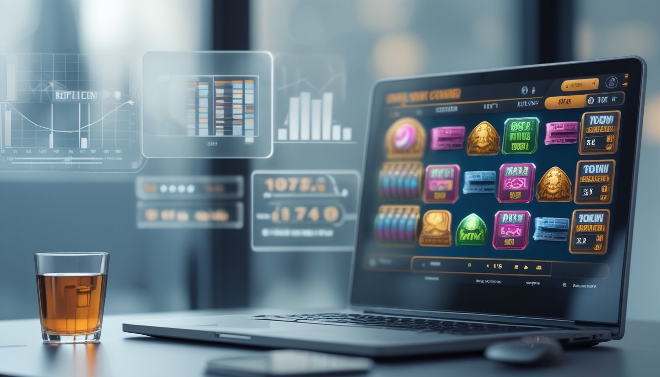Seseorang menggunakan komputer dengan tampilan permainan slot online dan grafik statistik di latar belakang.