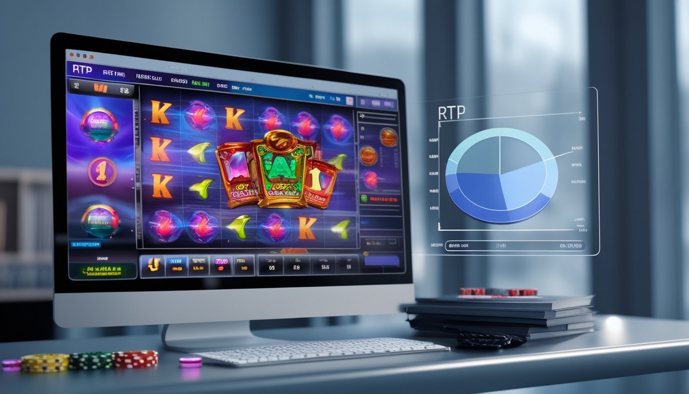 Sebuah layar komputer menampilkan permainan slot online dengan grafik RTP dan elemen kasino di meja kerja.