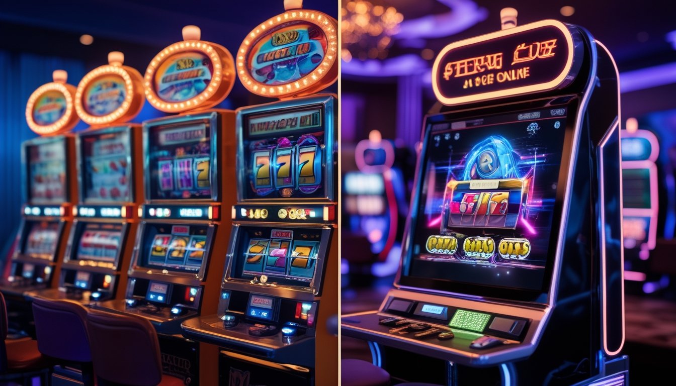Dua mesin slot berdampingan, satu klasik dengan gulungan mekanis dan simbol tradisional, satu modern dengan layar digital berwarna cerah.