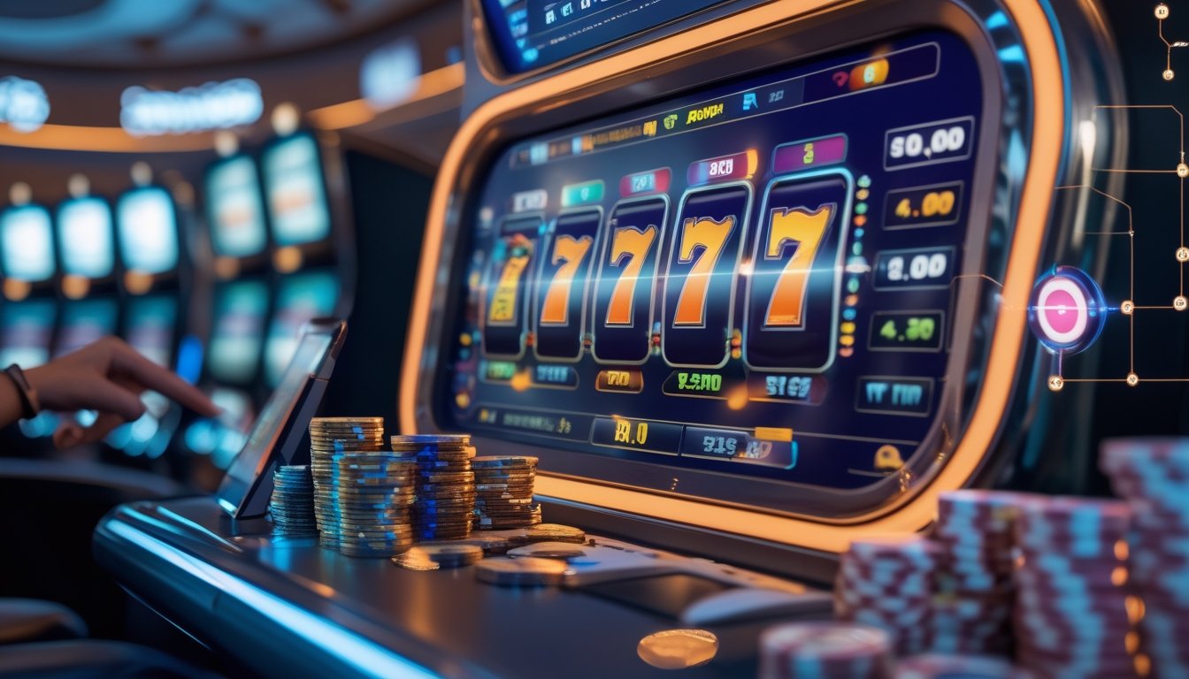 Seorang pemain di depan mesin slot digital dengan layar berwarna-warni, dikelilingi oleh tumpukan koin, chip kasino, dan tablet yang menampilkan data, di dalam suasana kasino modern.