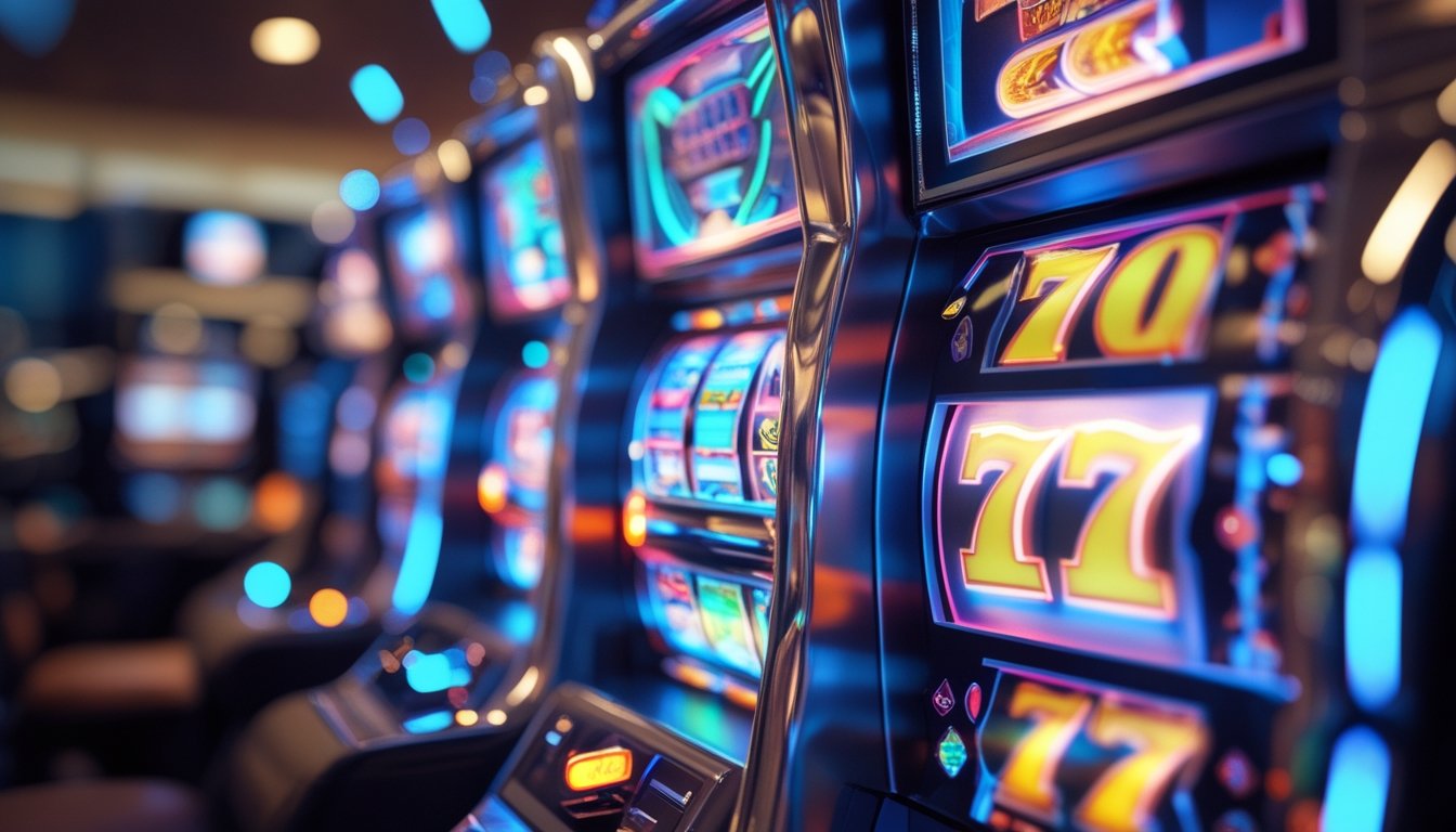 Gambaran mesin slot digital modern dengan gulungan berwarna cerah dan elemen digital yang melambangkan peluang menang.