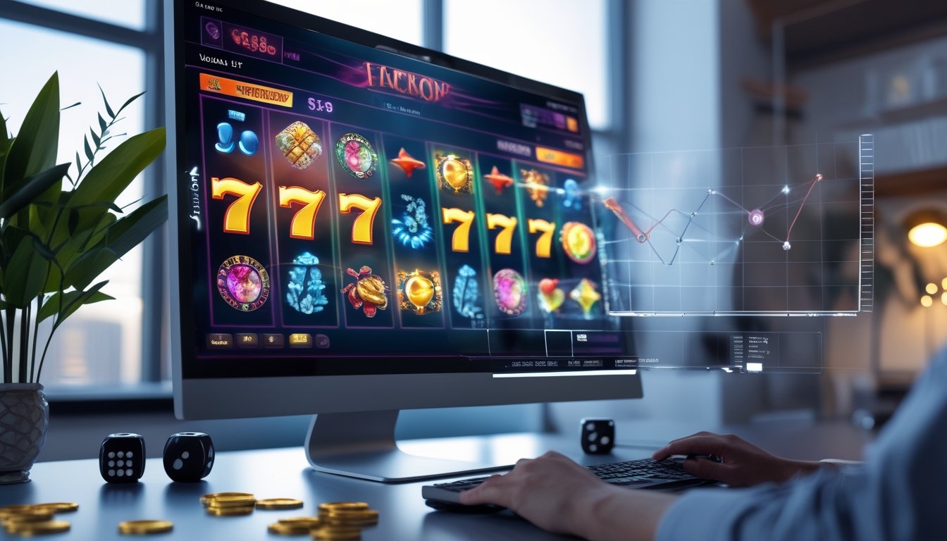 Seorang pemain menggunakan komputer dengan layar menampilkan permainan slot online dan elemen grafis yang menggambarkan volatilitas permainan.