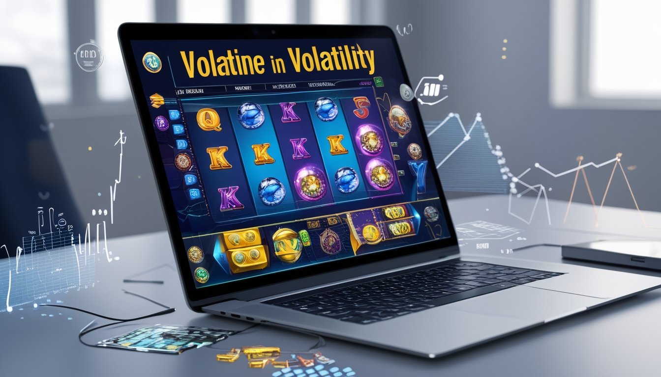 Layar komputer menampilkan permainan slot online dengan grafik dan ikon yang menggambarkan fluktuasi dan risiko dalam permainan.