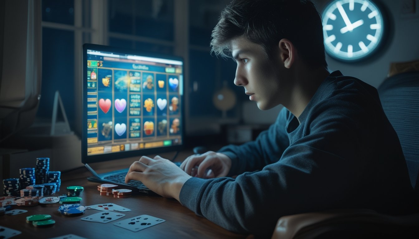 Seorang dewasa muda duduk di meja dengan ekspresi stres, menatap layar laptop yang menampilkan permainan slot online, di sekitar terdapat kartu dan chip judi, dengan suasana ruangan yang remang dan jam menunjukkan malam hari.