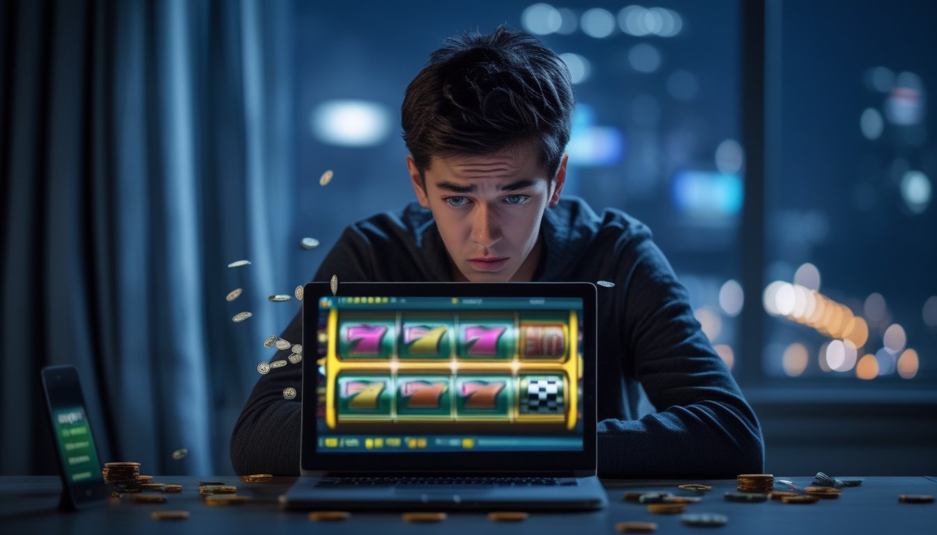 Seorang dewasa muda duduk di meja dengan laptop menampilkan permainan slot, terlihat fokus dan stres di ruangan gelap dengan jam malam dan chip judi di sekitar.