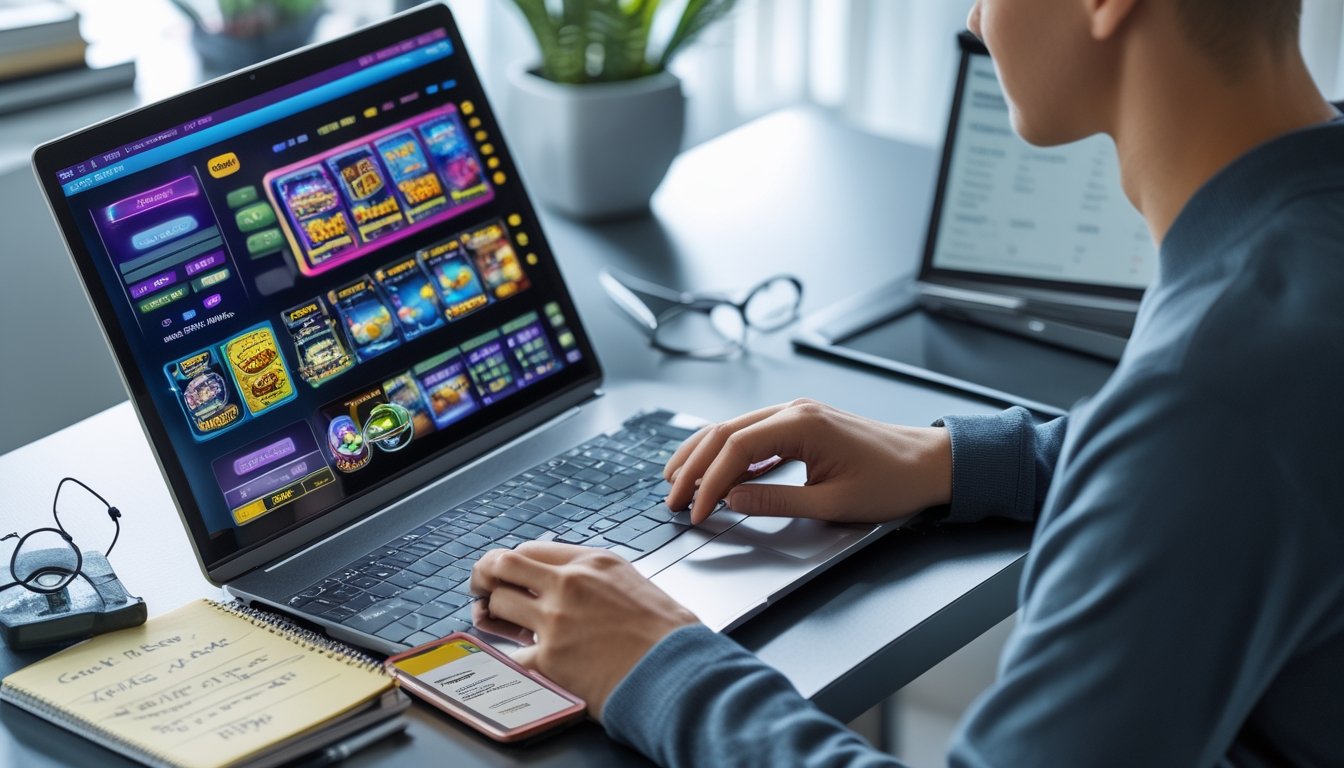 Seseorang sedang duduk di meja dengan laptop yang menampilkan permainan slot online, sambil mencatat di buku catatan dan melihat ponsel.