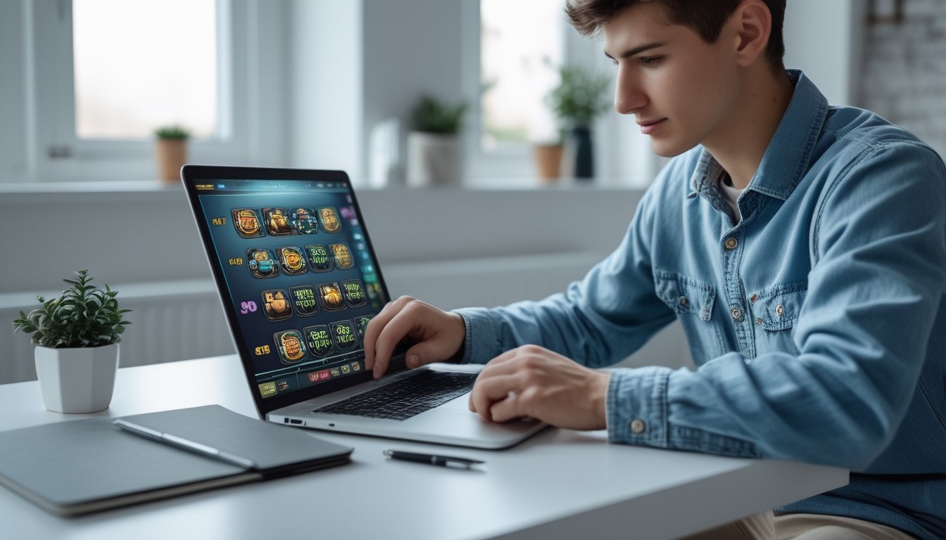 Seorang dewasa muda duduk di meja modern sambil bermain game slot online di laptop dengan suasana yang tenang dan fokus.