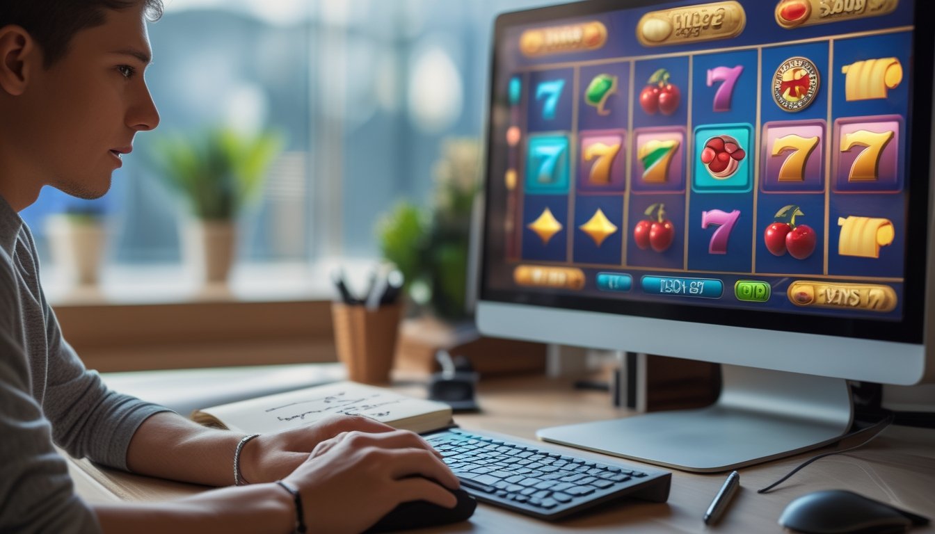 Seseorang duduk di depan komputer dengan layar menampilkan permainan slot online, dikelilingi oleh buku catatan dan ponsel di meja.
