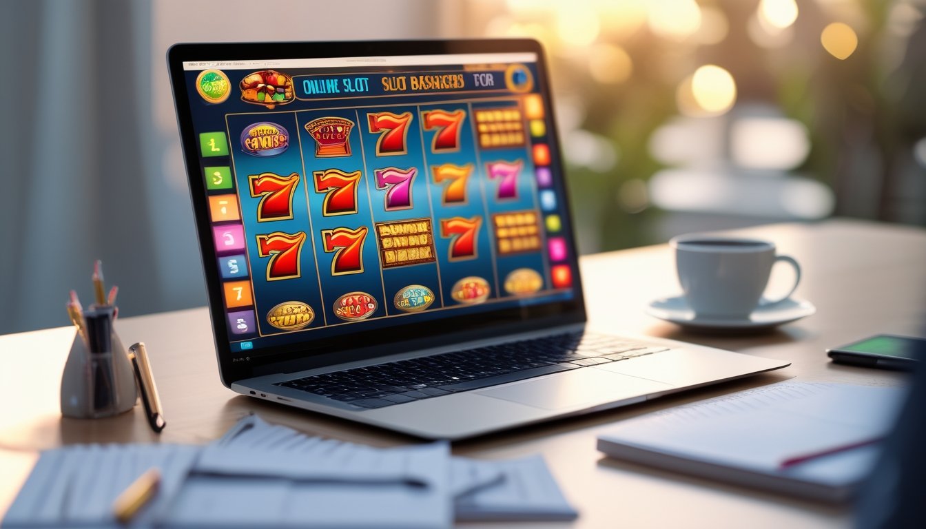 Sebuah ruang kerja modern dengan laptop yang menampilkan gambar mesin slot berwarna-warni, dikelilingi oleh catatan dan secangkir kopi.