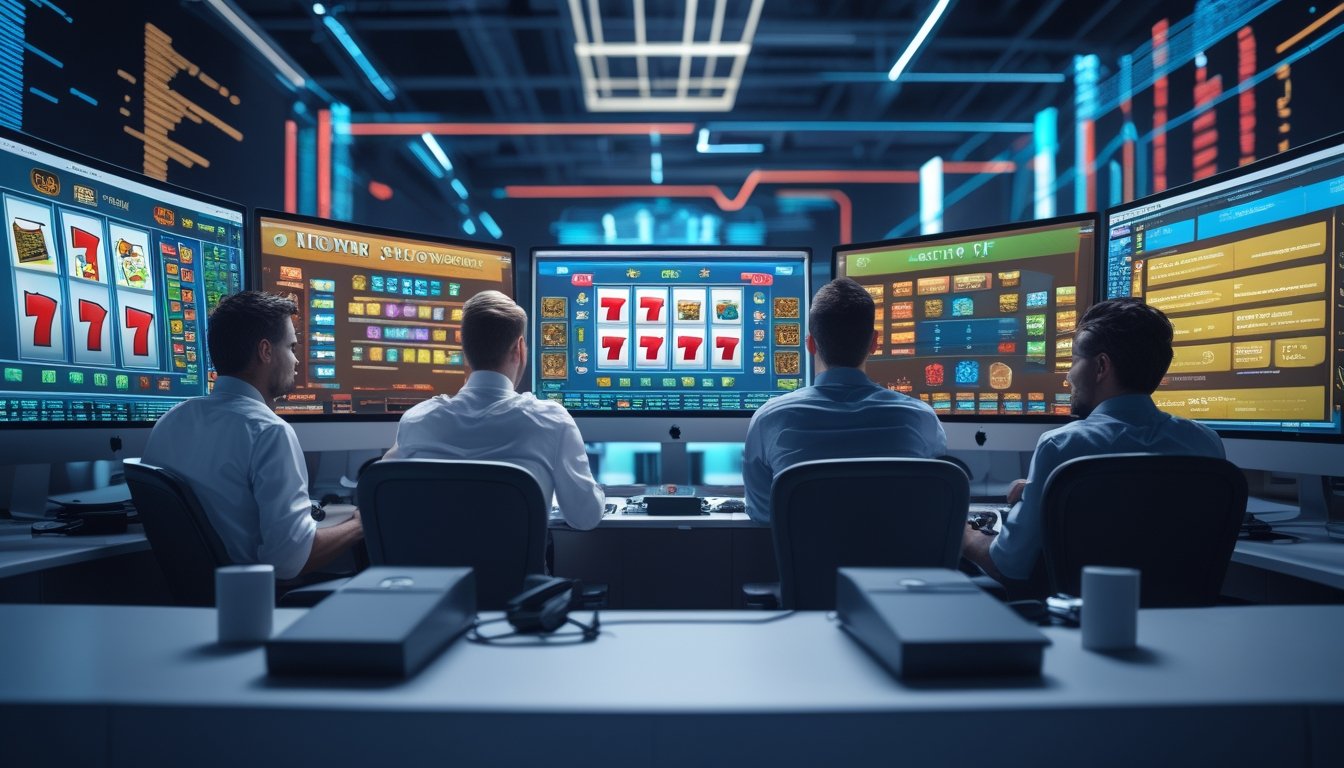 Sekelompok profesional sedang bekerja di kantor modern dengan beberapa layar komputer yang menampilkan grafik permainan slot dan data analisis.