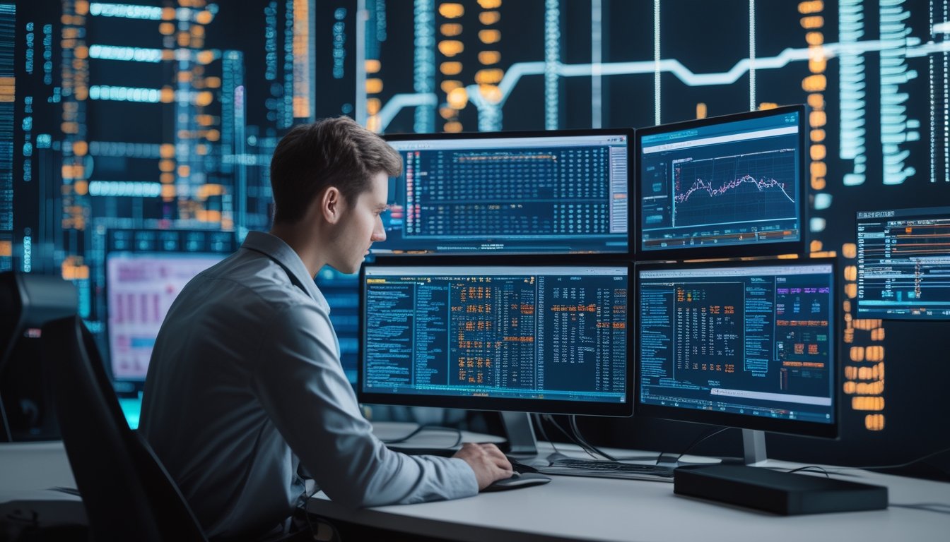 Seorang pengembang perangkat lunak sedang bekerja di depan beberapa monitor yang menampilkan kode dan grafik terkait permainan slot online dengan latar belakang elemen digital yang futuristik.