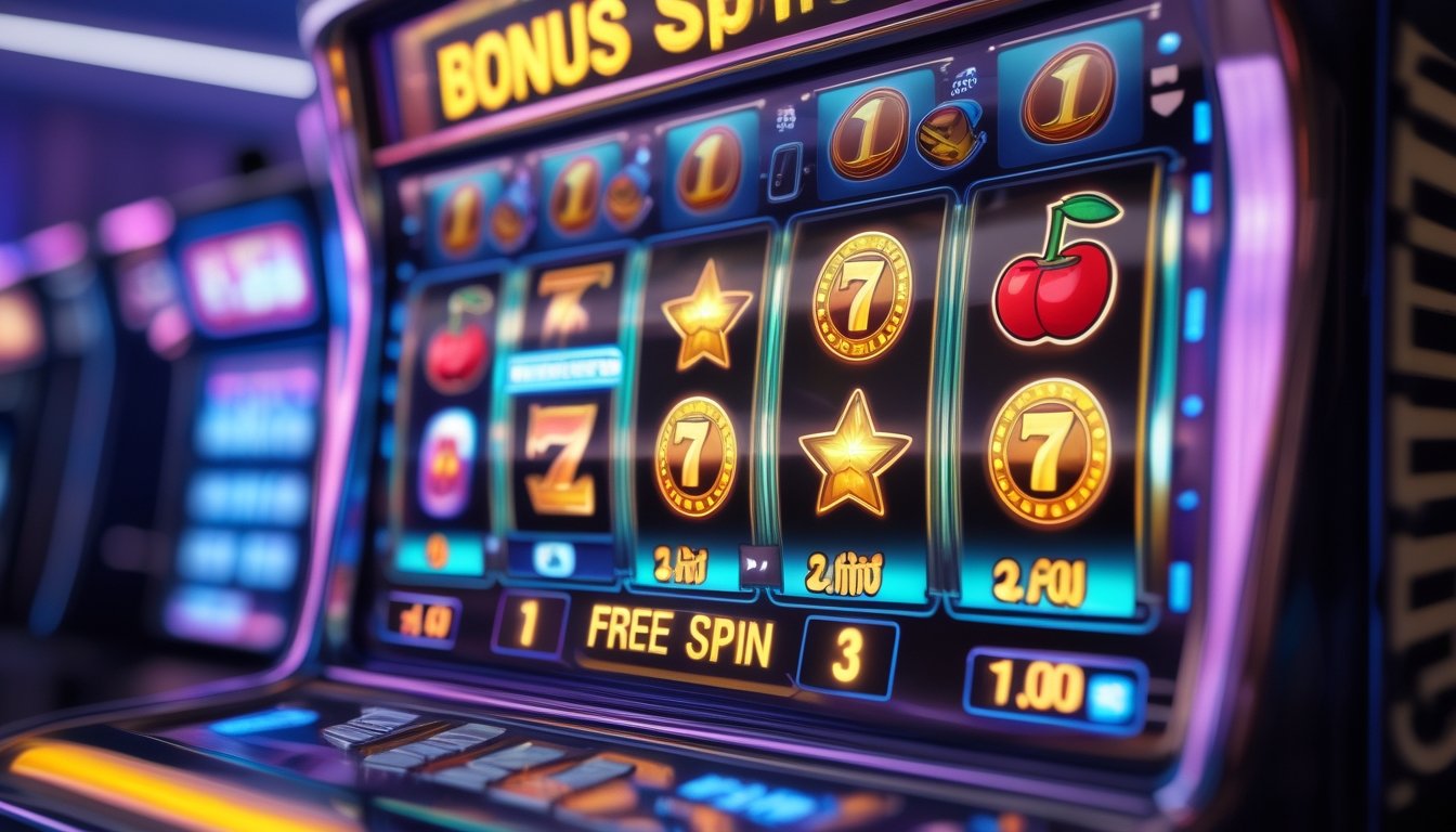 Tampilan mesin slot digital dengan simbol berwarna-warni dan ikon bonus yang menyala, menunjukkan fitur bonus dan putaran gratis dalam permainan slot.