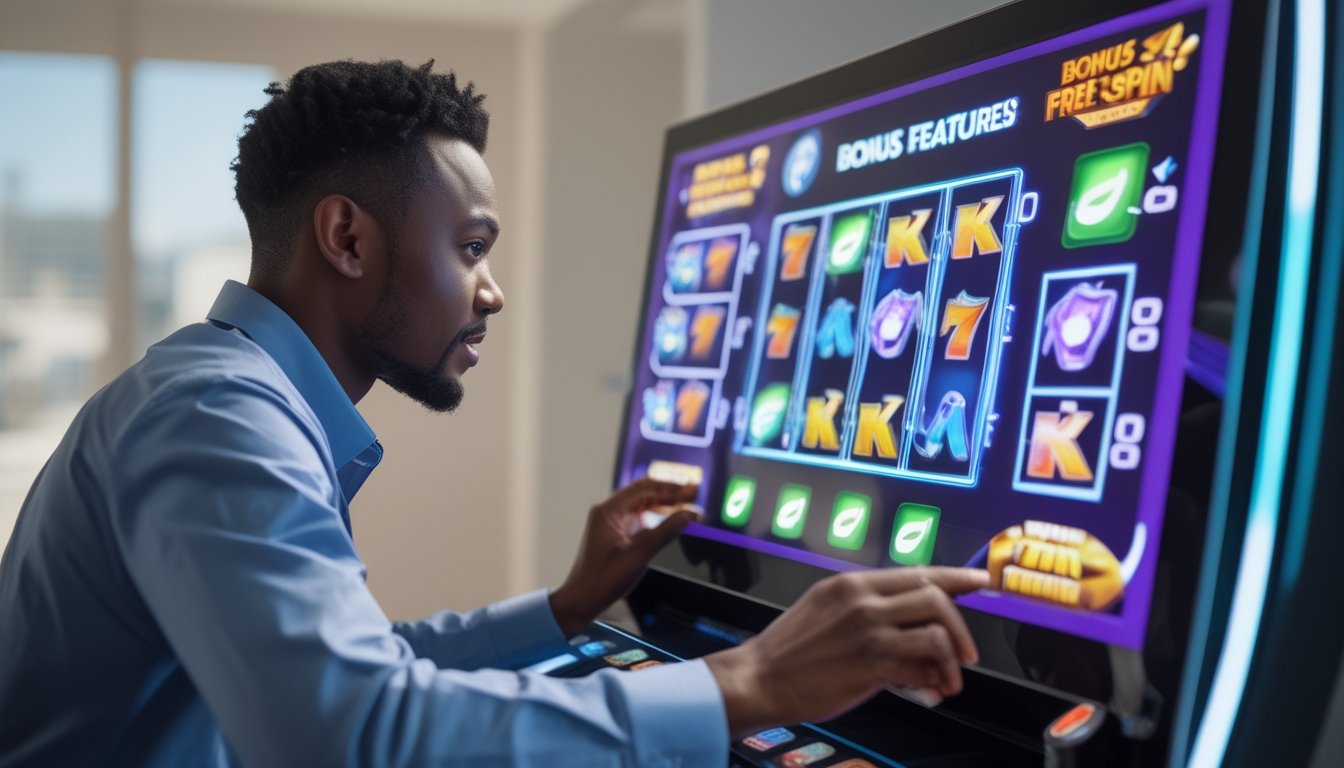 Seorang pemain dewasa sedang menggunakan perangkat layar sentuh dengan tampilan mesin slot digital yang menampilkan simbol bonus dan putaran gratis.