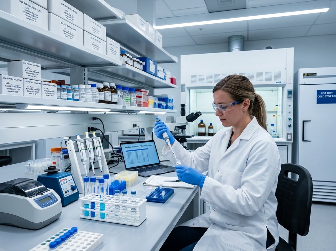 A researcher in a white lab coat handling a vial in a clean laboratory with scientific equipment and labeled containers on shelves.
